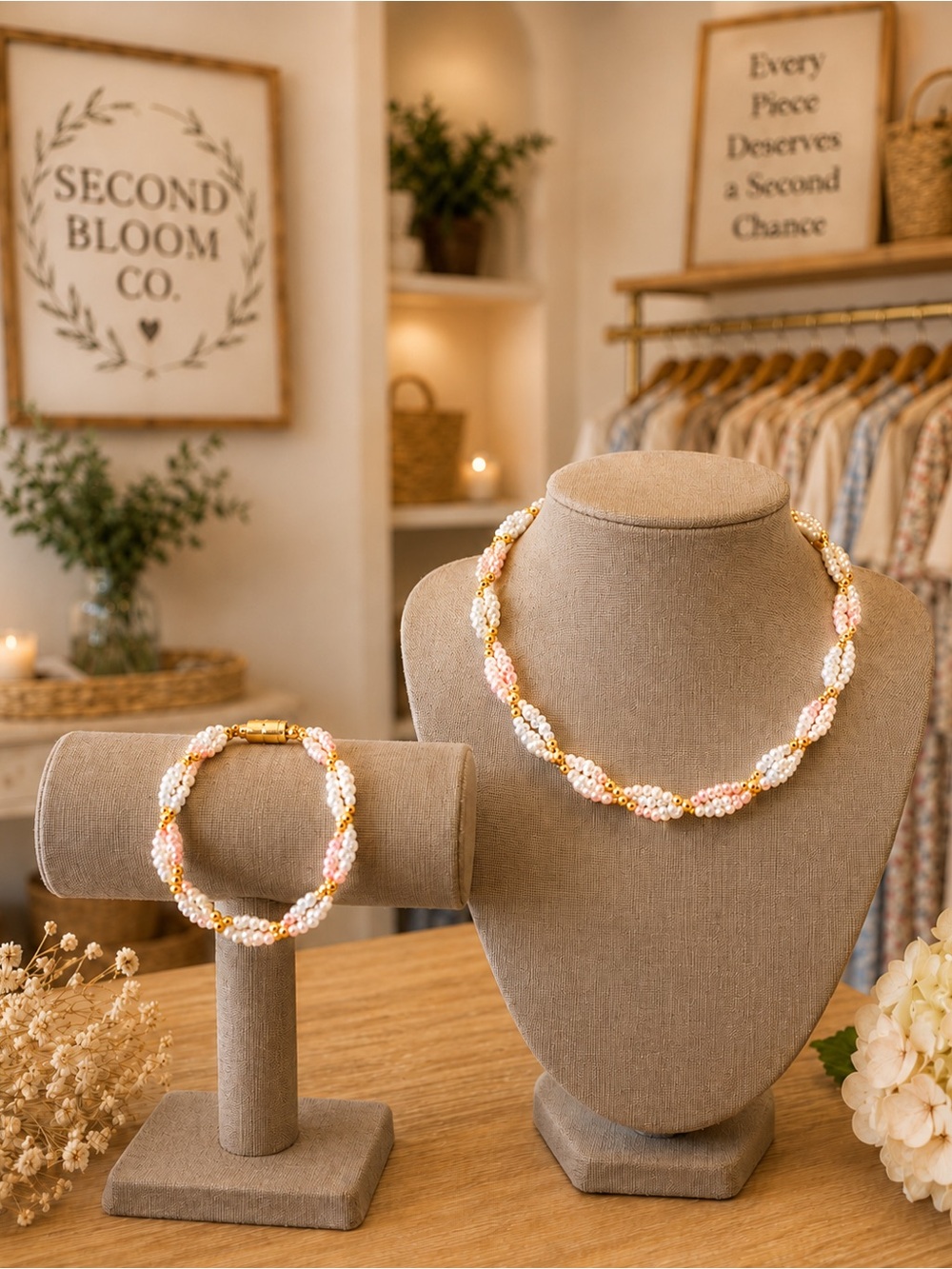 Pink & White Pearl Twist Necklace & Bracelet Set Gold Tone